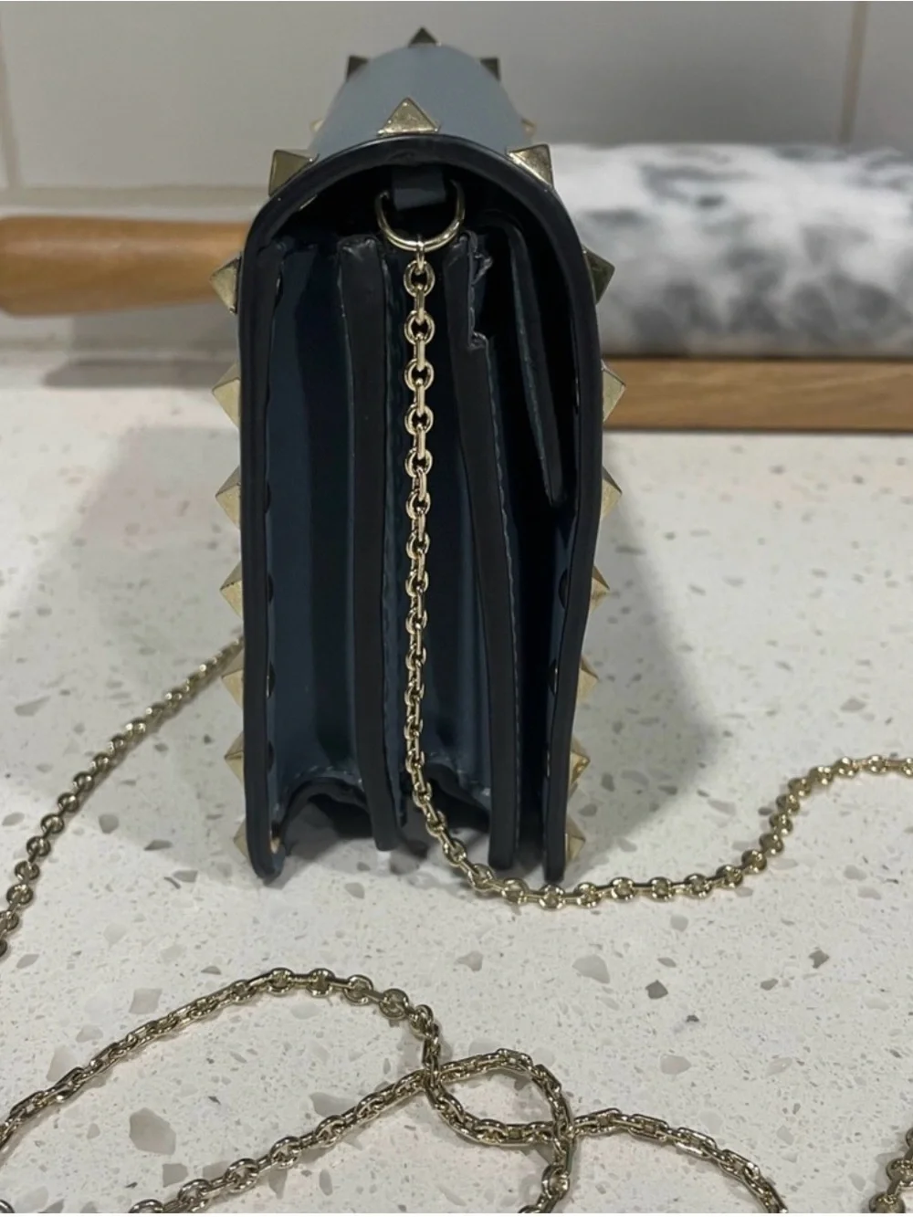 Valentino Garavani authentic Slate Blue Rockstud Crossbody with Gold Chain